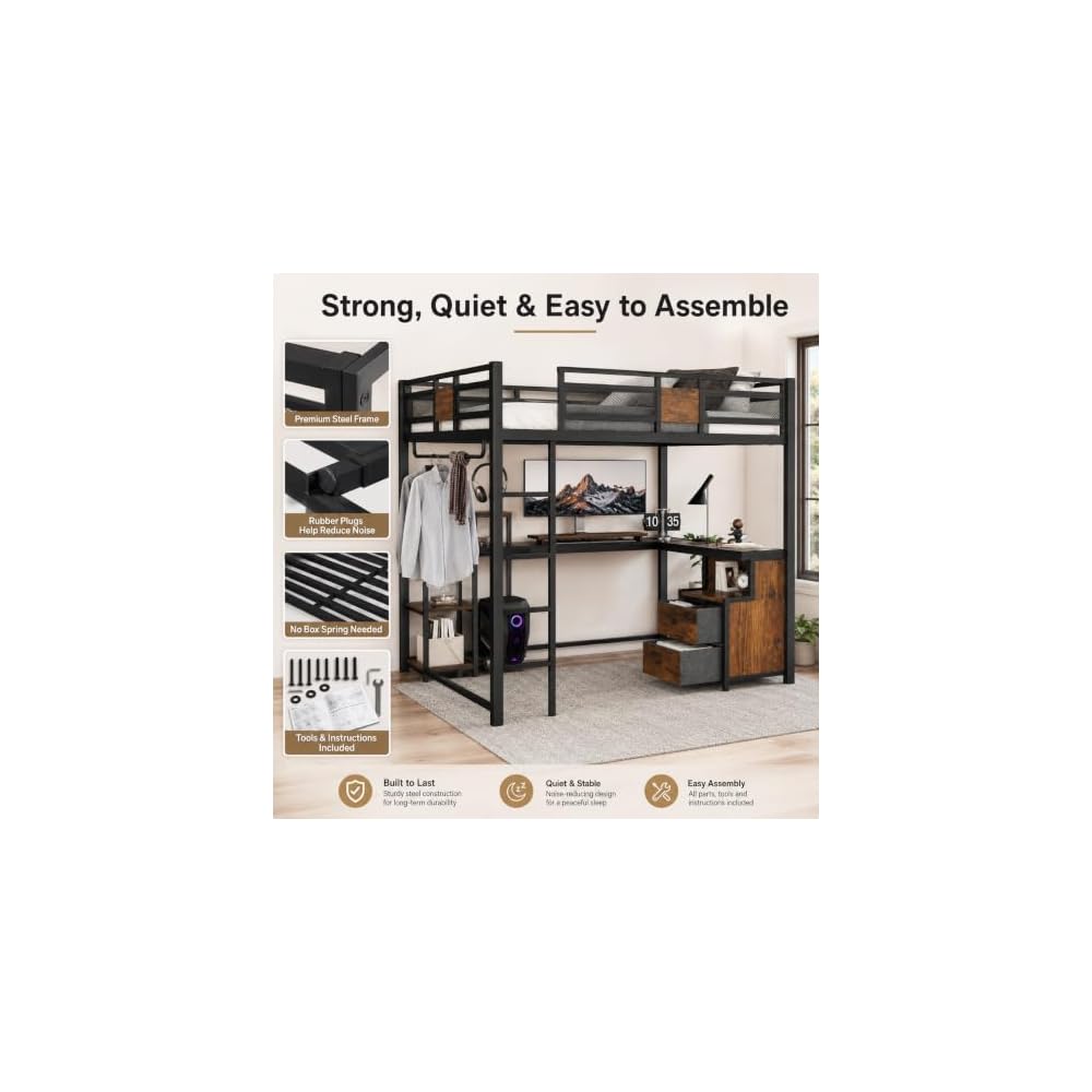 Queen Loft Bed With Desk And Storage Drawers Space Saving Metal Bed Frame