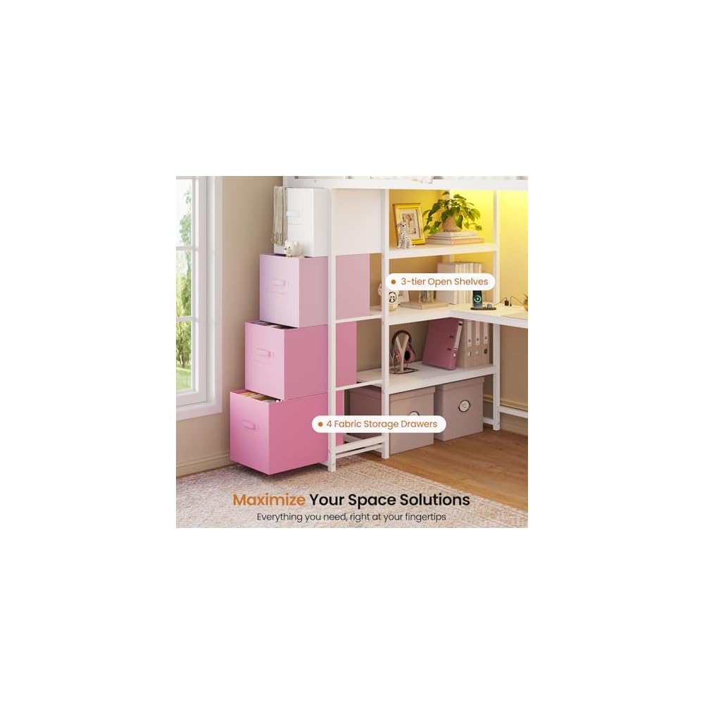 Loft Bed Twin Size with Storage Stairs,Desk and Power Strips,Metal Twin Loft Bed with LED Lights,8 Storage Drawers &Open Shelves,Loft Beds for Kids,Teens,Adults with Safety Guardrail,White+Pink