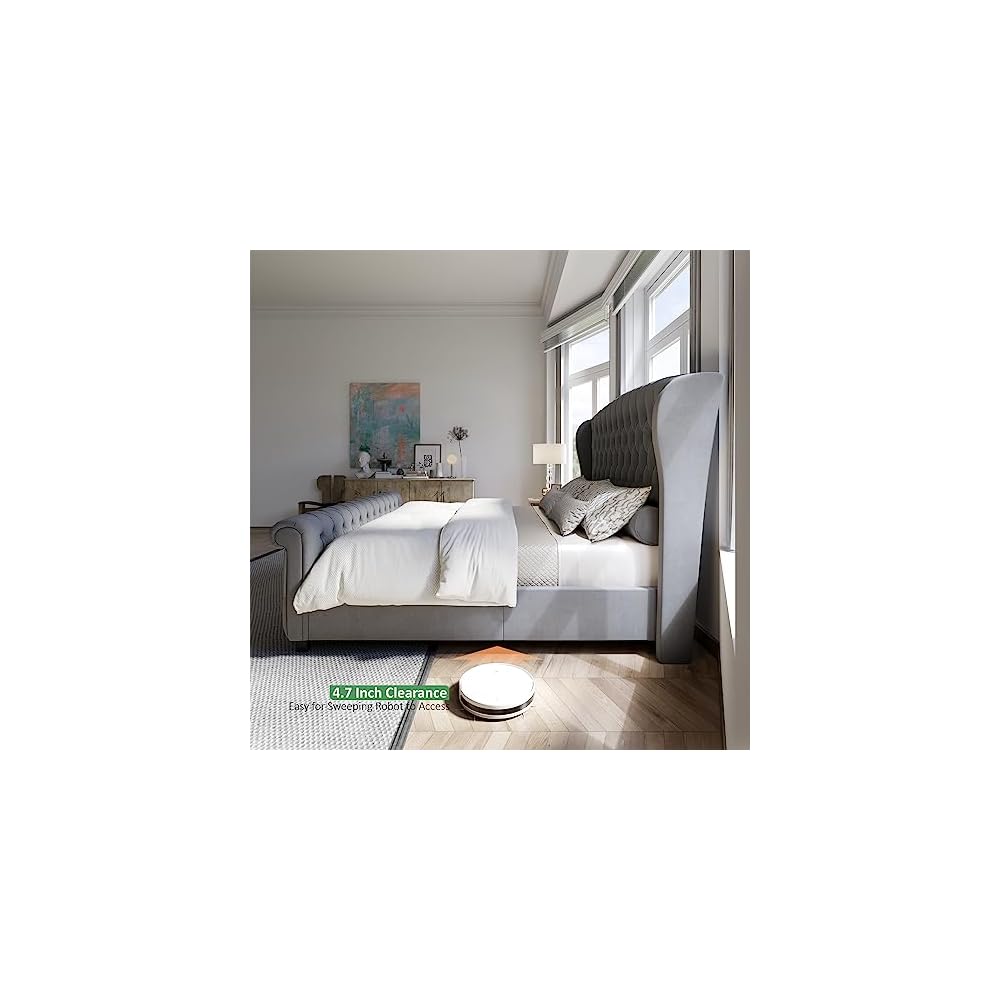 Queen Size Upholstered Sleigh Bed Frame with Wingback Headboard
