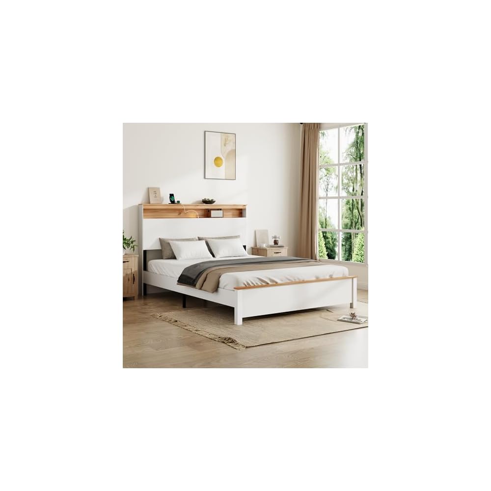 Farmhouse Wooden Bed Frame with Storage Headboard and Touch LED for Bedroom, Queen Size Platform Bed with Dual USB Ports and Metal Slats Support, No Box Spring Needed