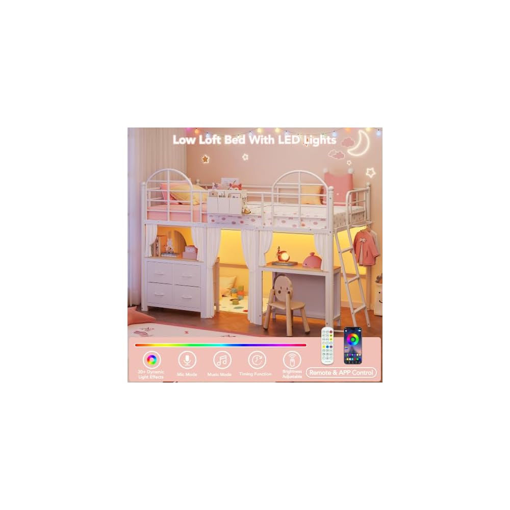 Twin Low Loft Bed with Desk & 4 Storage Drawers, Smart LED Lights, White