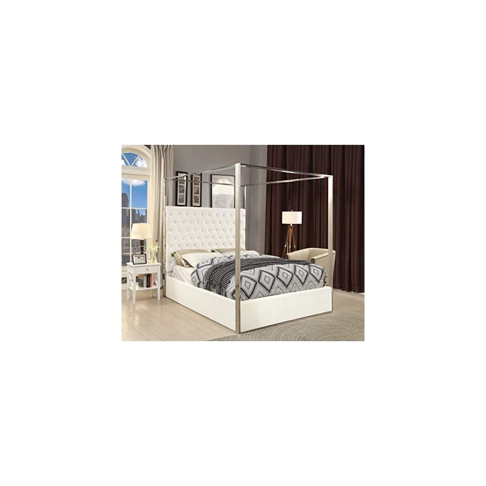 Porter Collection Modern | Contemporary Velvet Upholstered Bed with Deep Detailed Tufting and Chrome Canopy, White, King