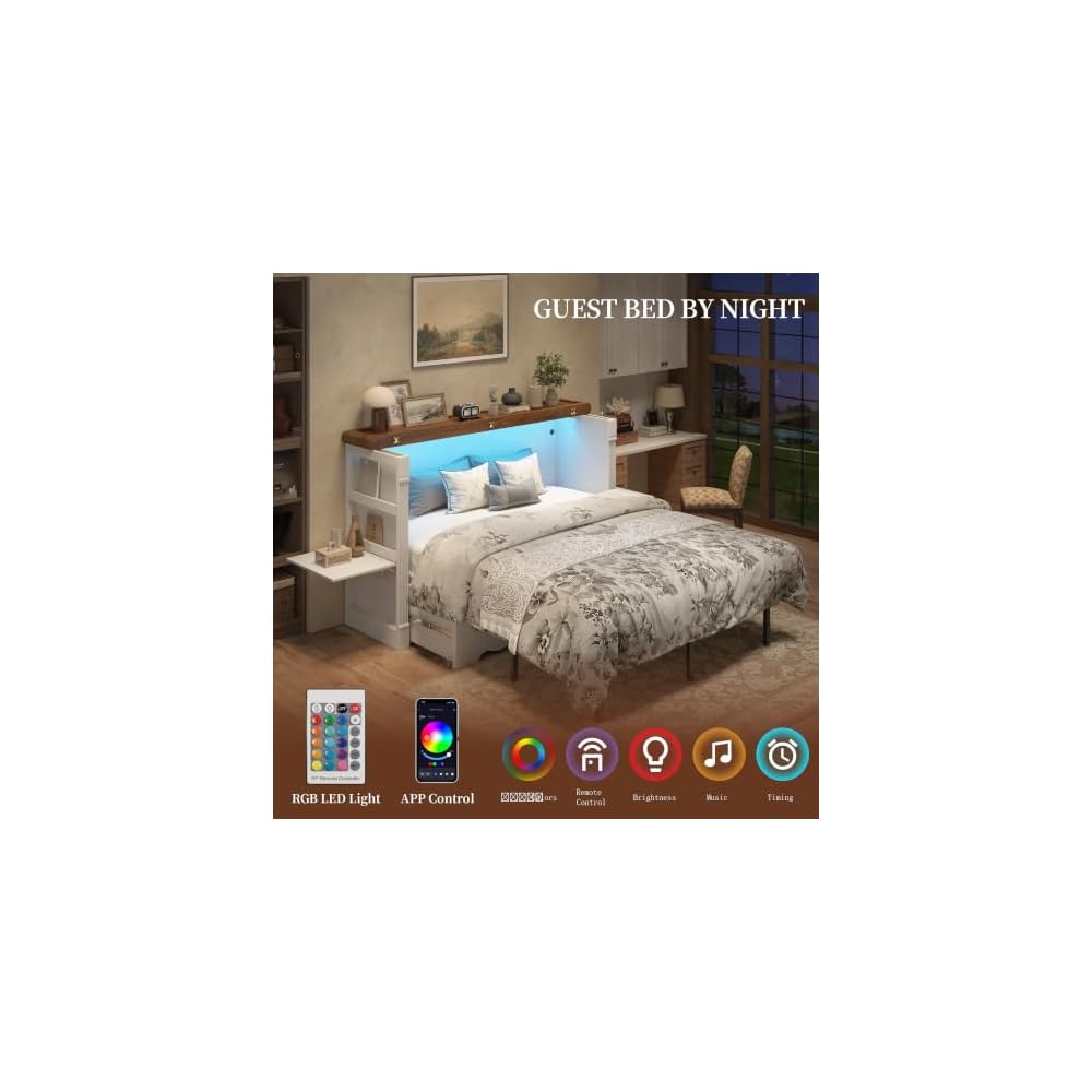 Queen Murphy Cabinet Bed with Bedside Desk, Storage Shelves and LED, White