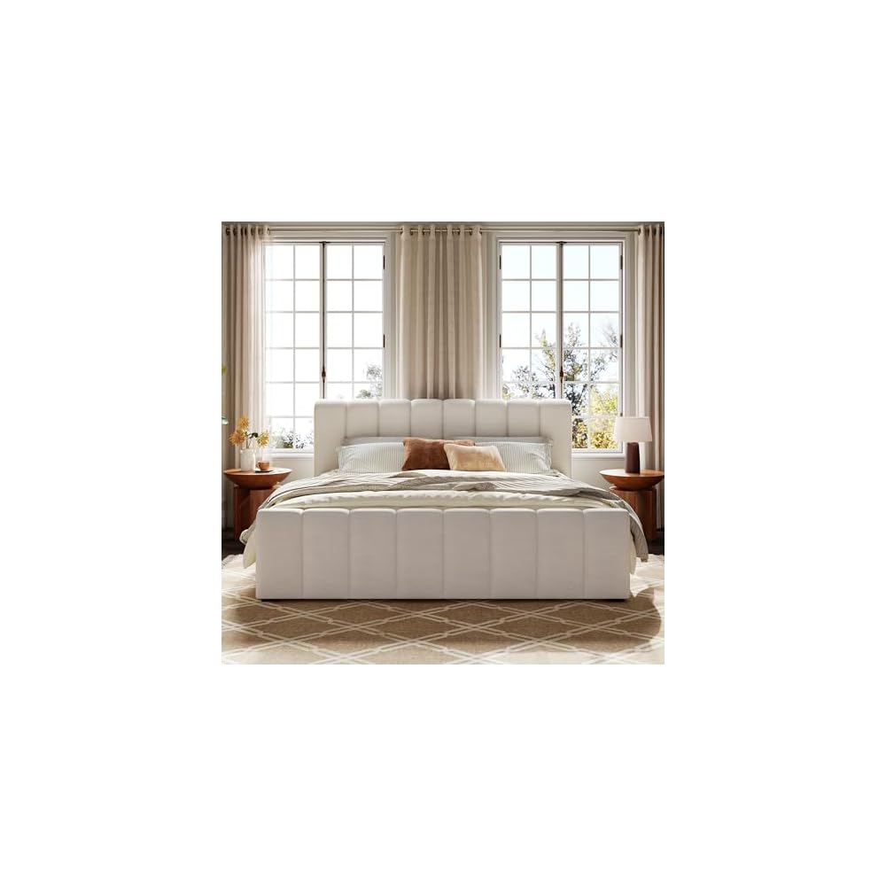 King Upholstered Bed with Thick Headboard and Footboard, Beige