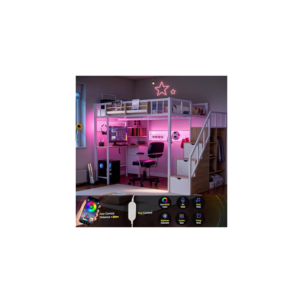 Loft Bed with Desk and Stairs, Headboard, Outlet (White, Full)