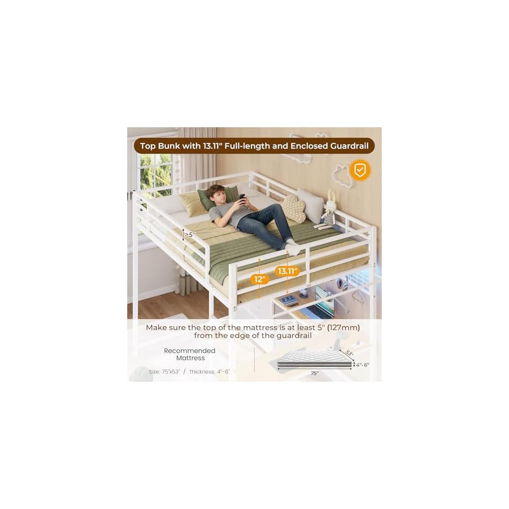 Full Loft Bed with L-Shaped Desk and 7 Storage Drawers, Metal Full Size Loft Bed for Teen with LED Lights and Charging Station,13.11" H Safety Guardrail and Ladder,No Box Spring Needed, White