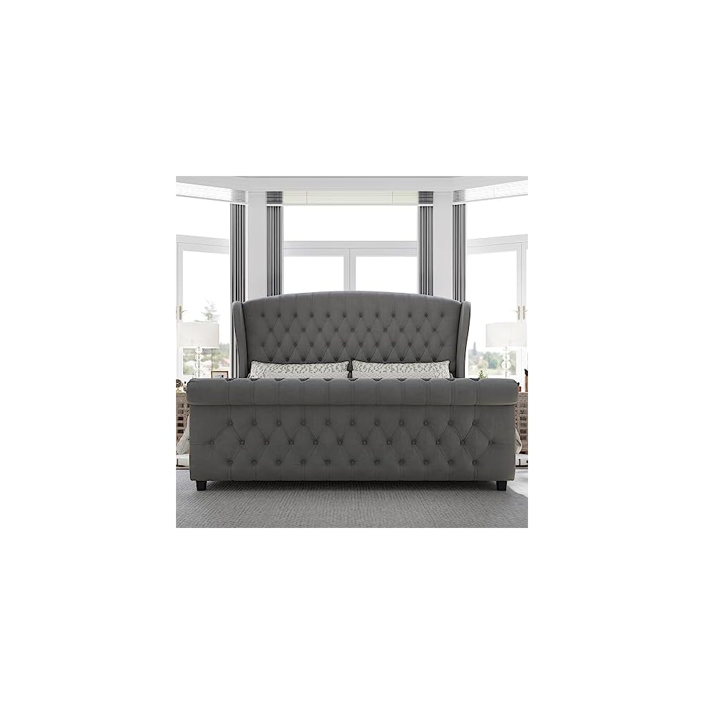 Queen Size Upholstered Sleigh Bed Frame with Wingback Headboard