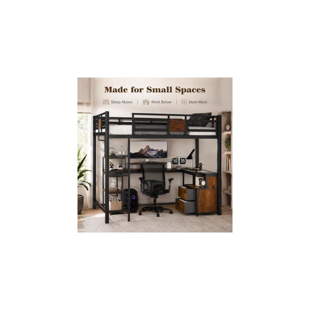 Queen Loft Bed With Desk And Storage Drawers Space Saving Metal Bed Frame
