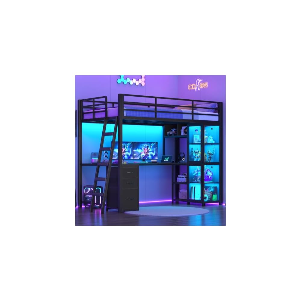Gaming Loft Bed Twin Size with U Shape Desk, Display Cabinet,Black