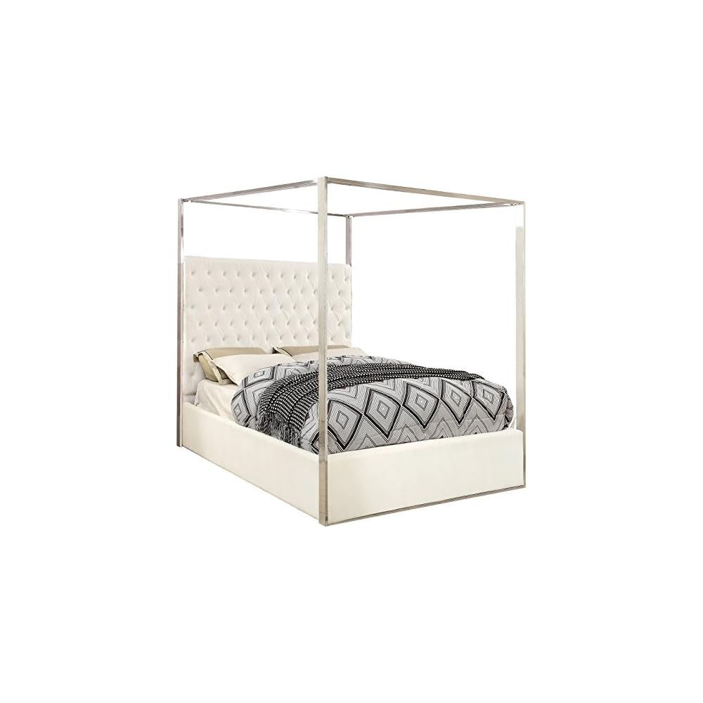 Porter Collection Modern | Contemporary Velvet Upholstered Bed with Deep Detailed Tufting and Chrome Canopy, White, King