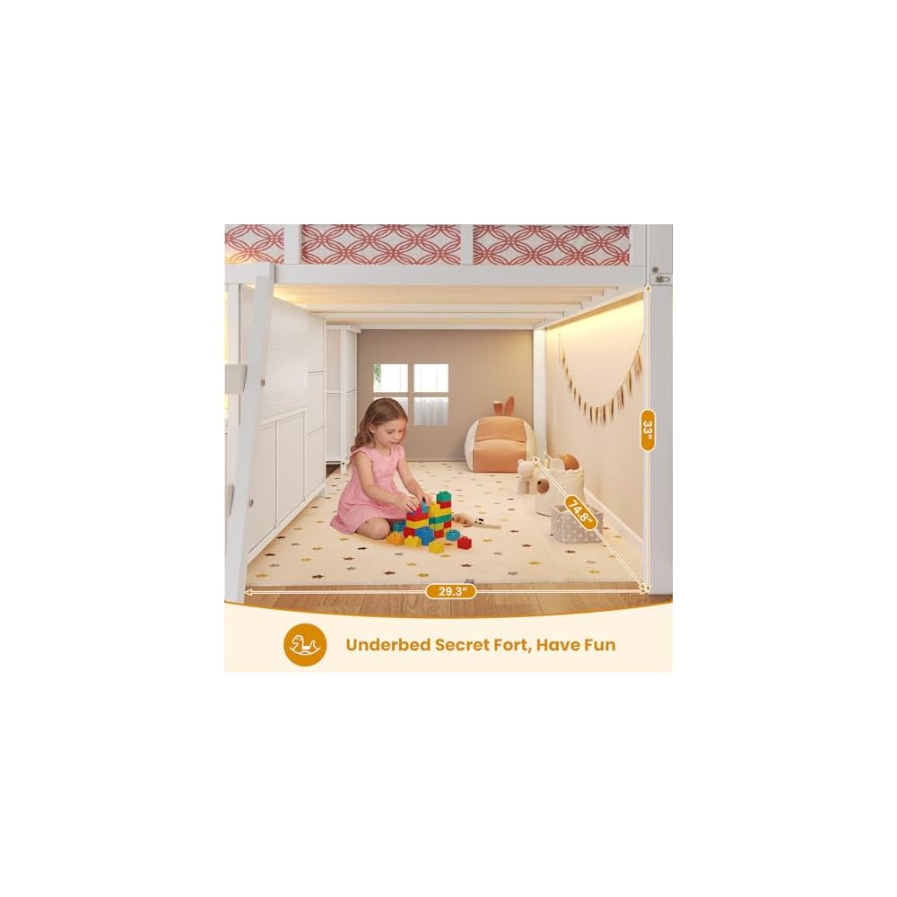 Kids Low Loft Bed Full with 7 Drawers, Bookcase, Safety Guardrail