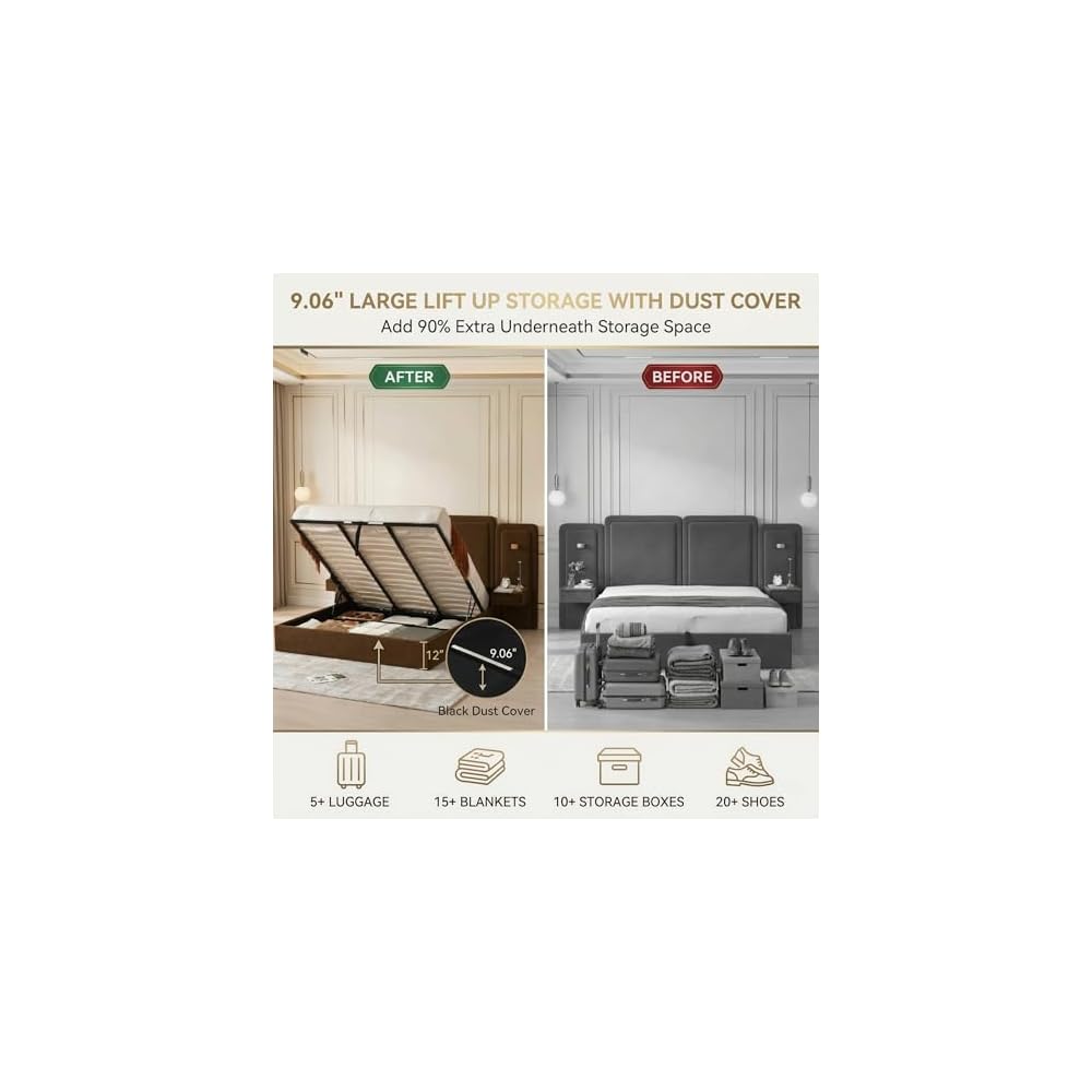 King Lift Up Storage Bed with 53" Tall Headboard & 2 Nightstands, Brown