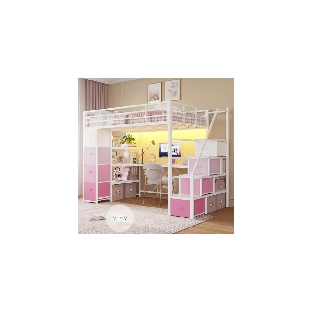 Loft Bed Twin Size with Storage Stairs,Desk and Power Strips,Metal Twin Loft Bed with LED Lights,8 Storage Drawers &Open Shelves,Loft Beds for Kids,Teens,Adults with Safety Guardrail,White+Pink
