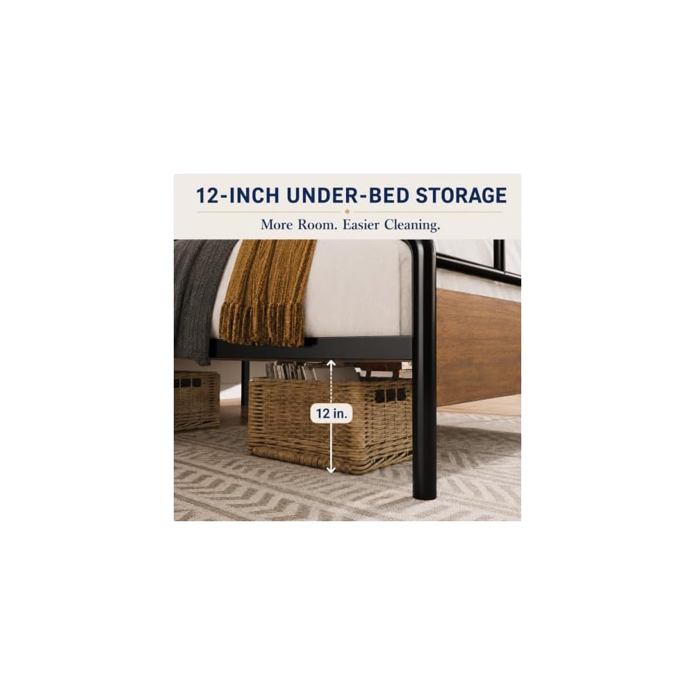 Full Size Industrial Bed Frame with Wood Panels, Walnut