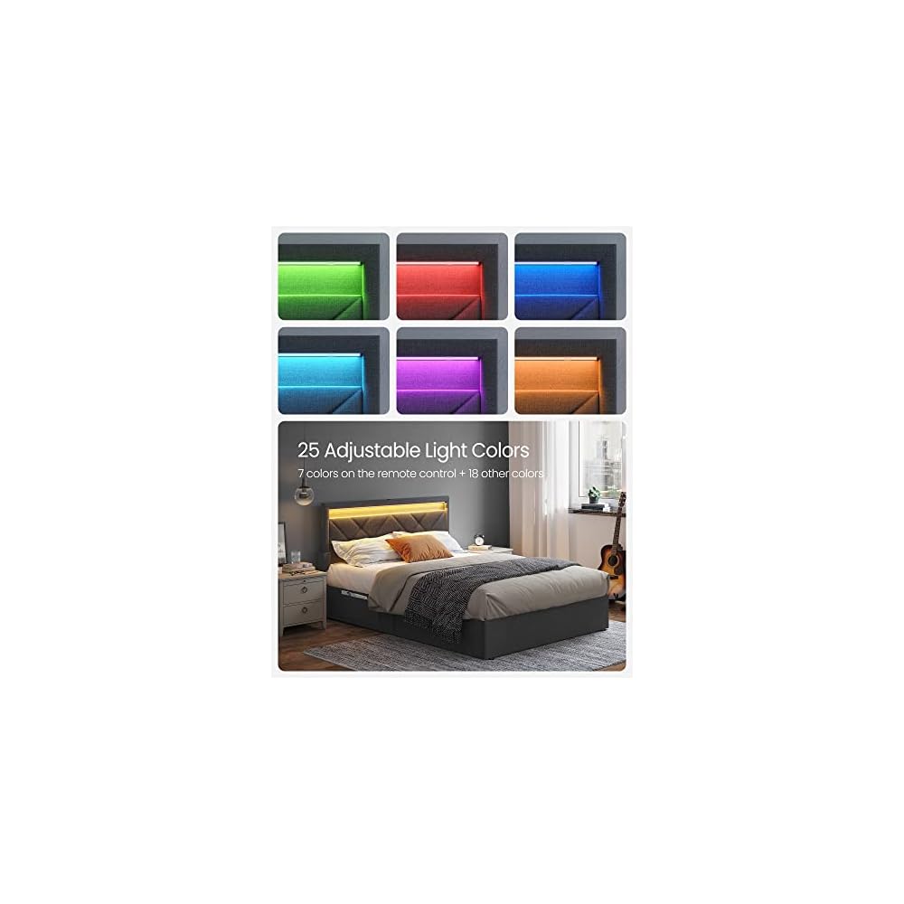Full Bed Frame, 4 Storage Drawers on Wheels, Charging Station