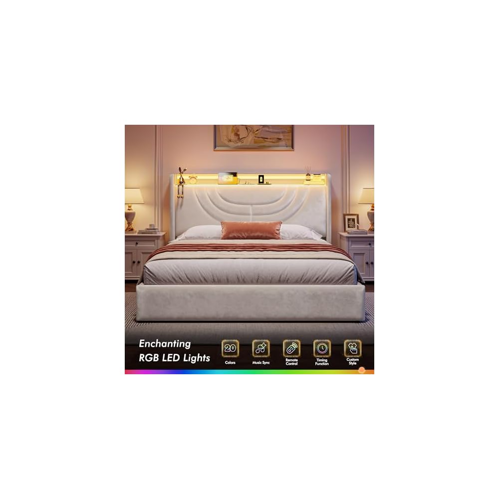 Queen Velvet Lift Up Storage Bed Frame with Charging & LED, Beige