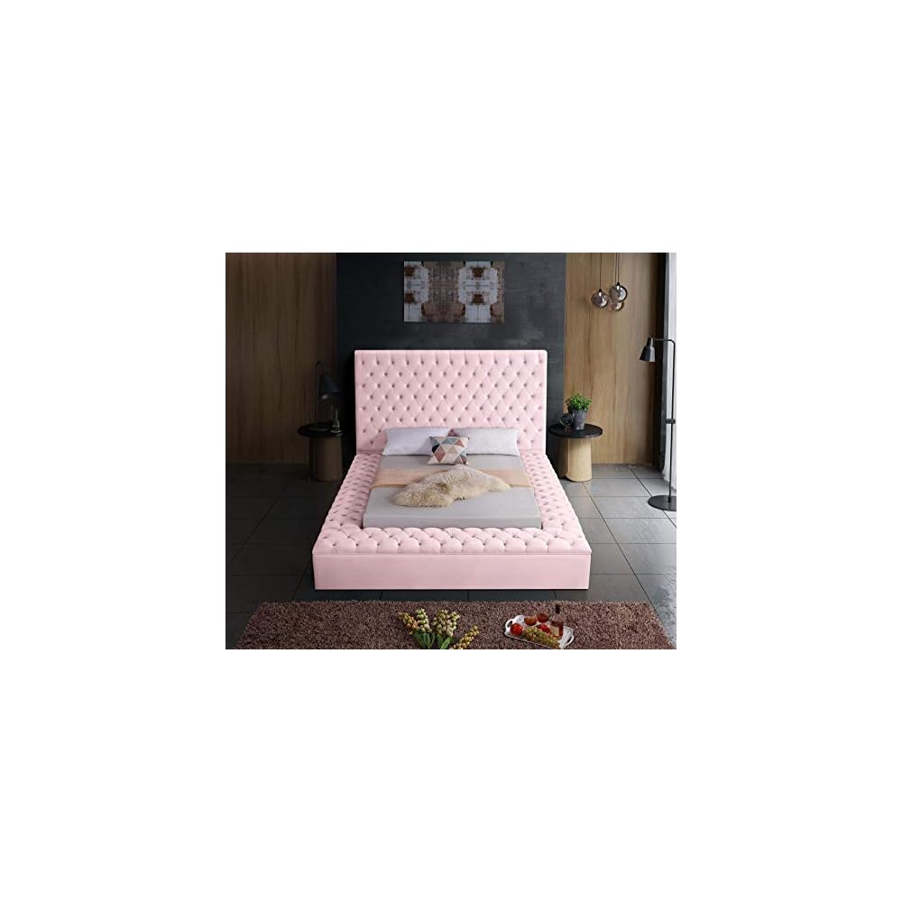 Bliss Collection Modern | Contemporary Velvet Upholstered Bed with Deep Button Tufting and Storage Compartments in Rails and Footboard, Pink, Queen