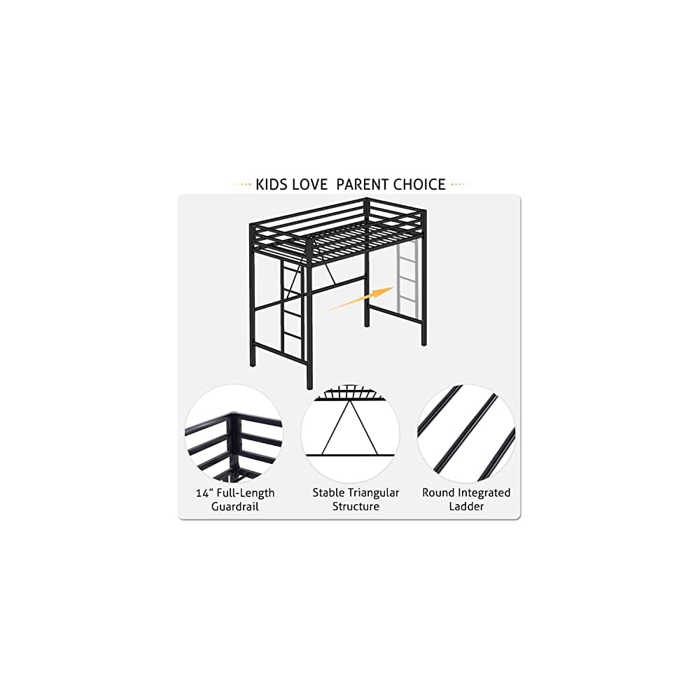Loft Bed Twin Size with Ladder and Guardrail,Black