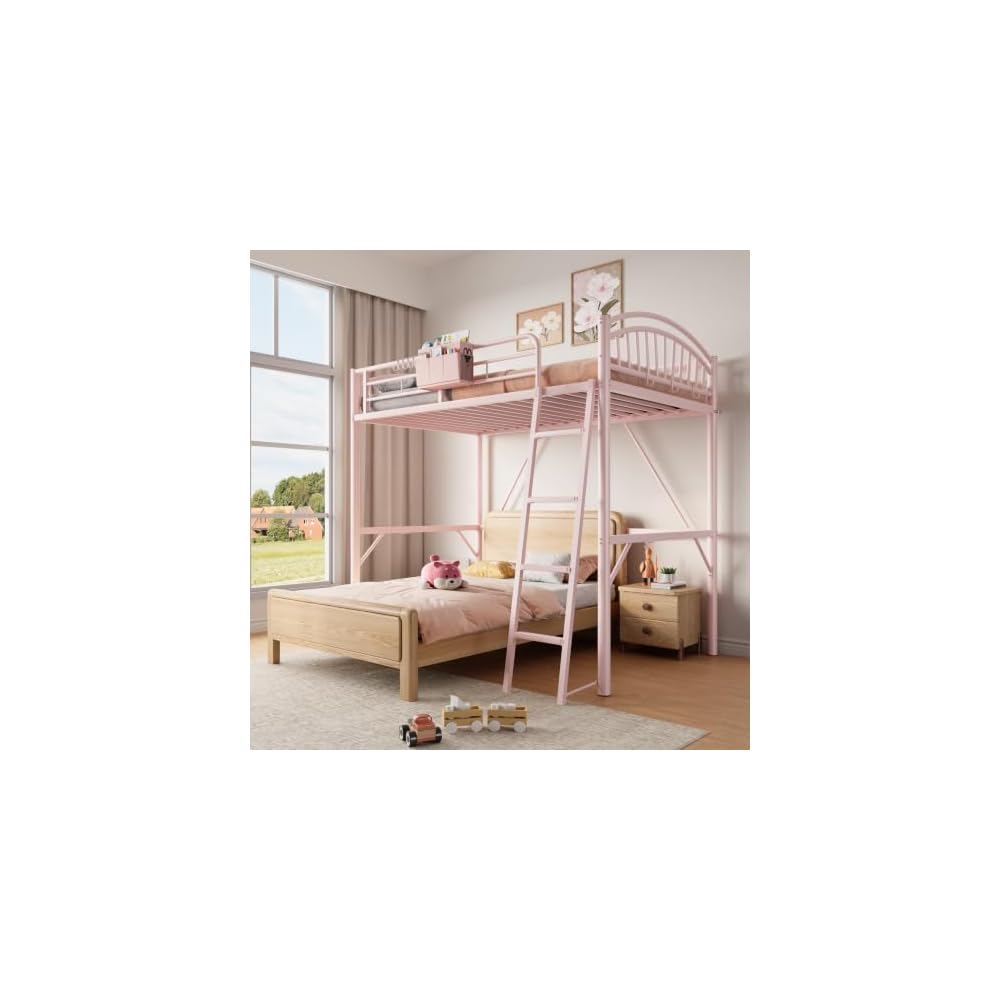 Twin Loft Bed with Convertible Ladder & Storage Bag,Safety Guardrails, Pink