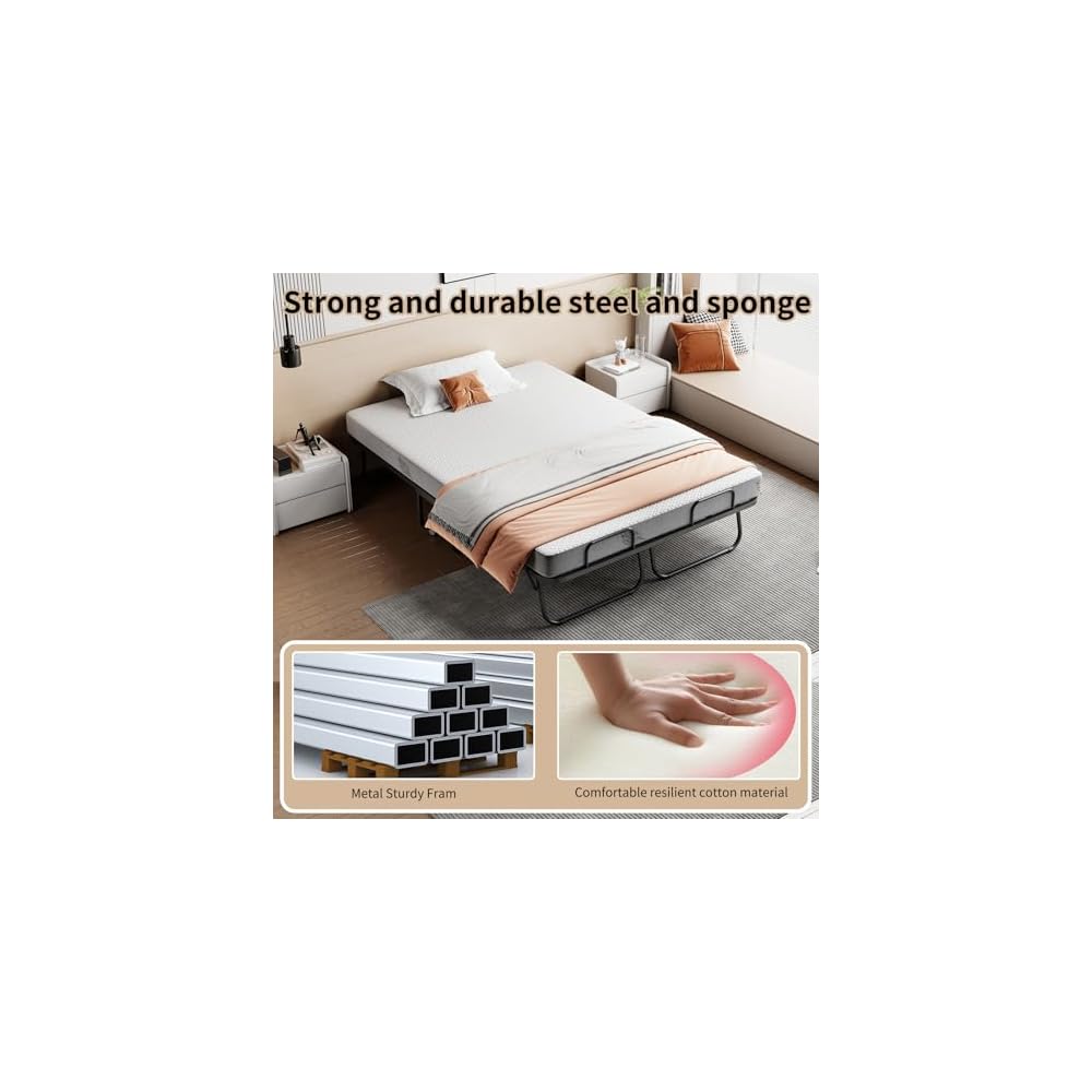 Folding Bed with 5" Memory Mattress, 75"×54" Full Size Double Portable Bed for Adults, Roll Away Foldable Beds on Wheels for Guest,Hideaway,Save Space