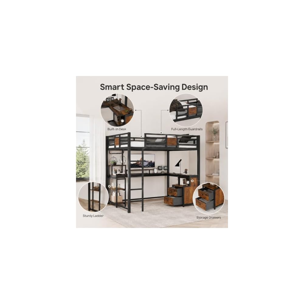 Queen Loft Bed With Desk And Storage Drawers Space Saving Metal Bed Frame