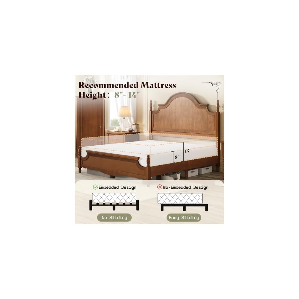 King Solid Wood Poster Bed with Arched Headboard, Brown