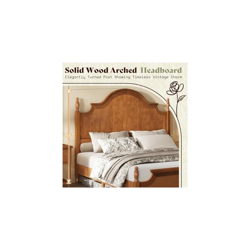 King Solid Wood Poster Bed with Arched Headboard, Brown
