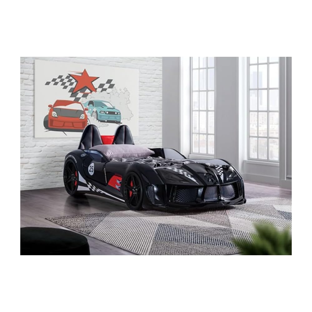 Race Car Twin Size Bed Frame for Boys with LED Lights, Music Player & Magnetic Doors | Kids Bedroom Furniture, Black
