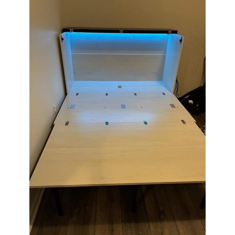 Farmhouse Queen Murphy Bed with Storage Drawer,Cabinet Bed with LED Lights & Charging Station, Space Saving Wall Bed for Small Bedroom/Home Office, Noise Free & Easy Assembly, Black
