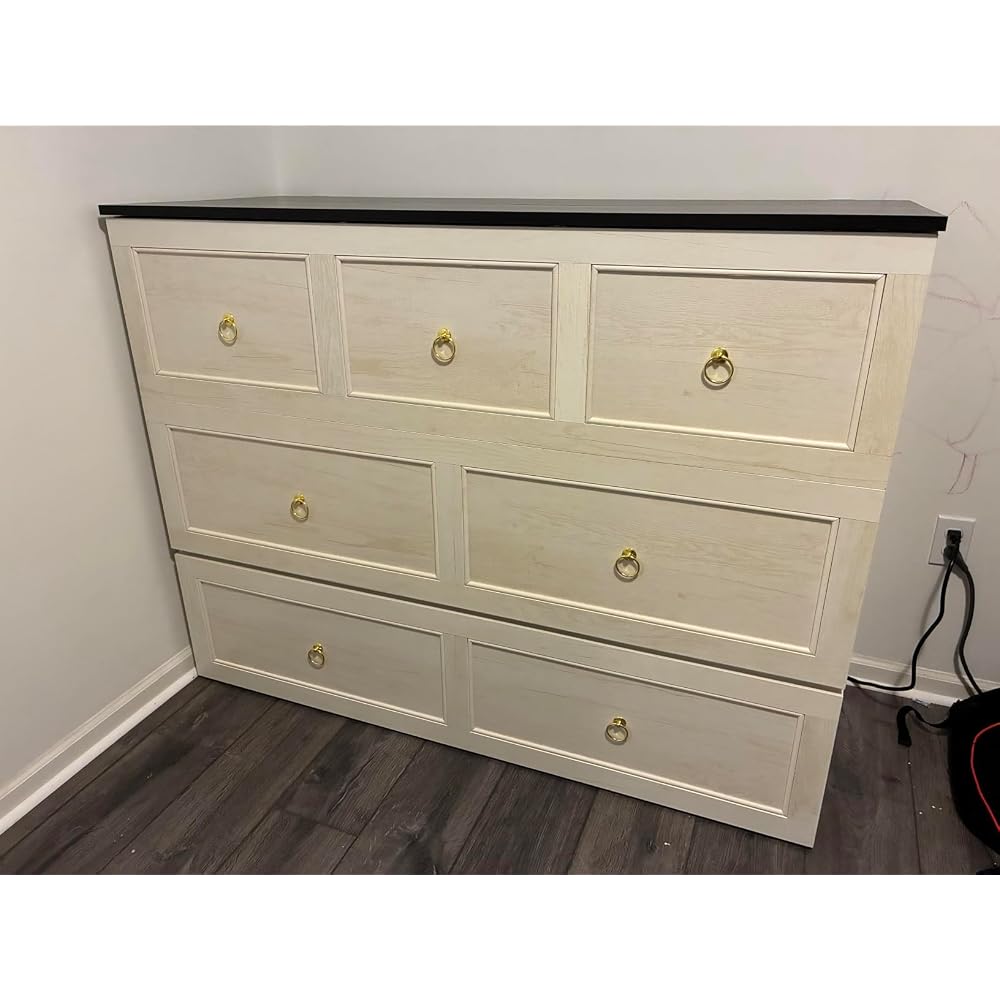 Farmhouse Queen Murphy Bed with Storage Drawer,Cabinet Bed with LED Lights & Charging Station, Space Saving Wall Bed for Small Bedroom/Home Office, Noise Free & Easy Assembly, Black