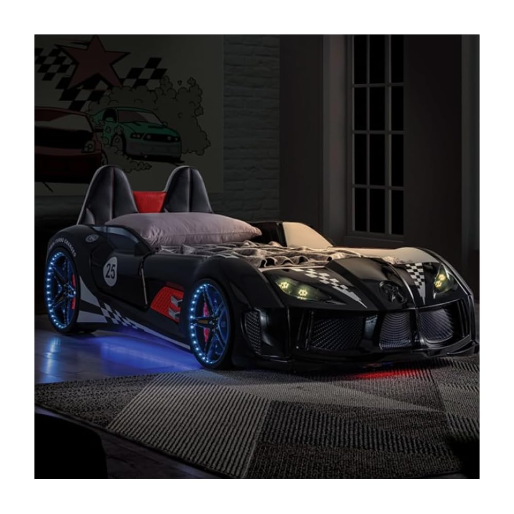 Race Car Twin Size Bed Frame for Boys with LED Lights, Music Player & Magnetic Doors | Kids Bedroom Furniture, Black