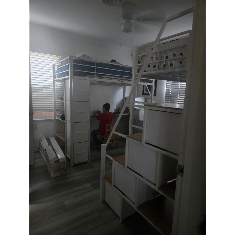 Loft Bed Twin Size with Storage Stairs,Desk and Power Strips,Metal Twin Loft Bed with LED Lights,8 Storage Drawers &Open Shelves,Loft Beds for Kids,Teens,Adults with Safety Guardrail,White+Pink