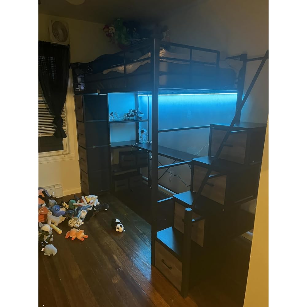 Loft Bed Twin Size with Storage Stairs,Desk and Power Strips,Metal Twin Loft Bed with LED Lights,8 Storage Drawers &Open Shelves,Loft Beds for Kids,Teens,Adults with Safety Guardrail,White+Pink