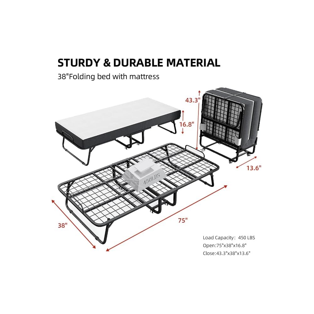 Folding Bed with Mattress and Storage Cover - 75"x38" Twin Size Frame, Portable Rollaway Guest Bed with 5-inch Memory Foam Mattress, Space-Saving Foldable Design for Easy Storage