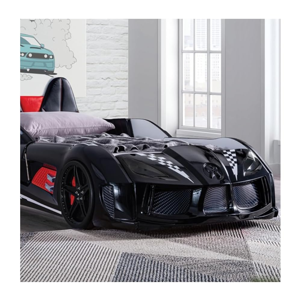 Race Car Twin Size Bed Frame for Boys with LED Lights, Music Player & Magnetic Doors | Kids Bedroom Furniture, Black