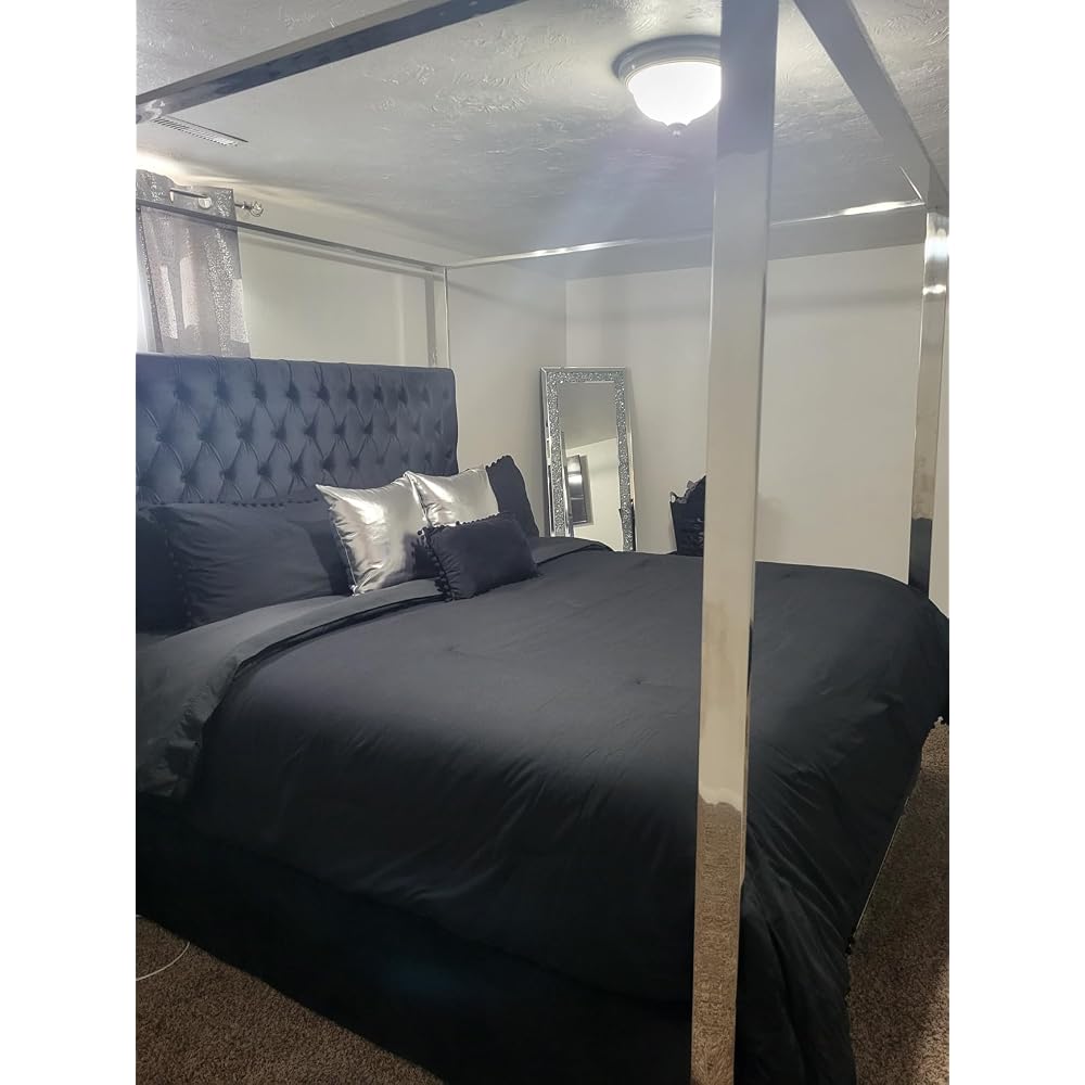 Porter Collection Modern | Contemporary Velvet Upholstered Bed with Deep Detailed Tufting and Chrome Canopy, White, King