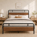Full Size Industrial Bed Frame with Wood Panels, Walnut