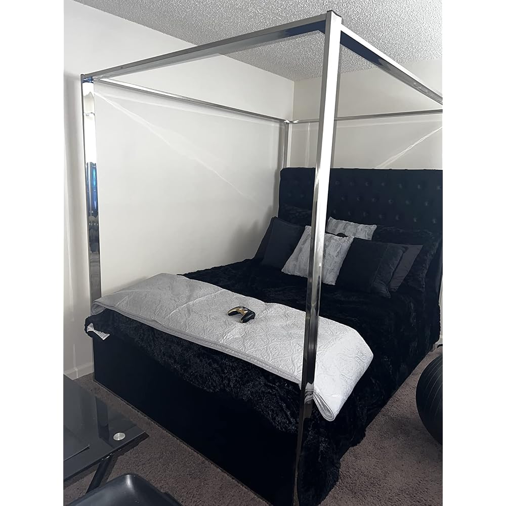 Porter Collection Modern | Contemporary Velvet Upholstered Bed with Deep Detailed Tufting and Chrome Canopy, White, King