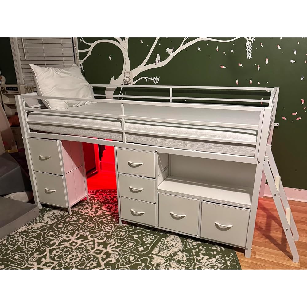 Kids Low Loft Bed Full with 7 Drawers, Bookcase, Safety Guardrail