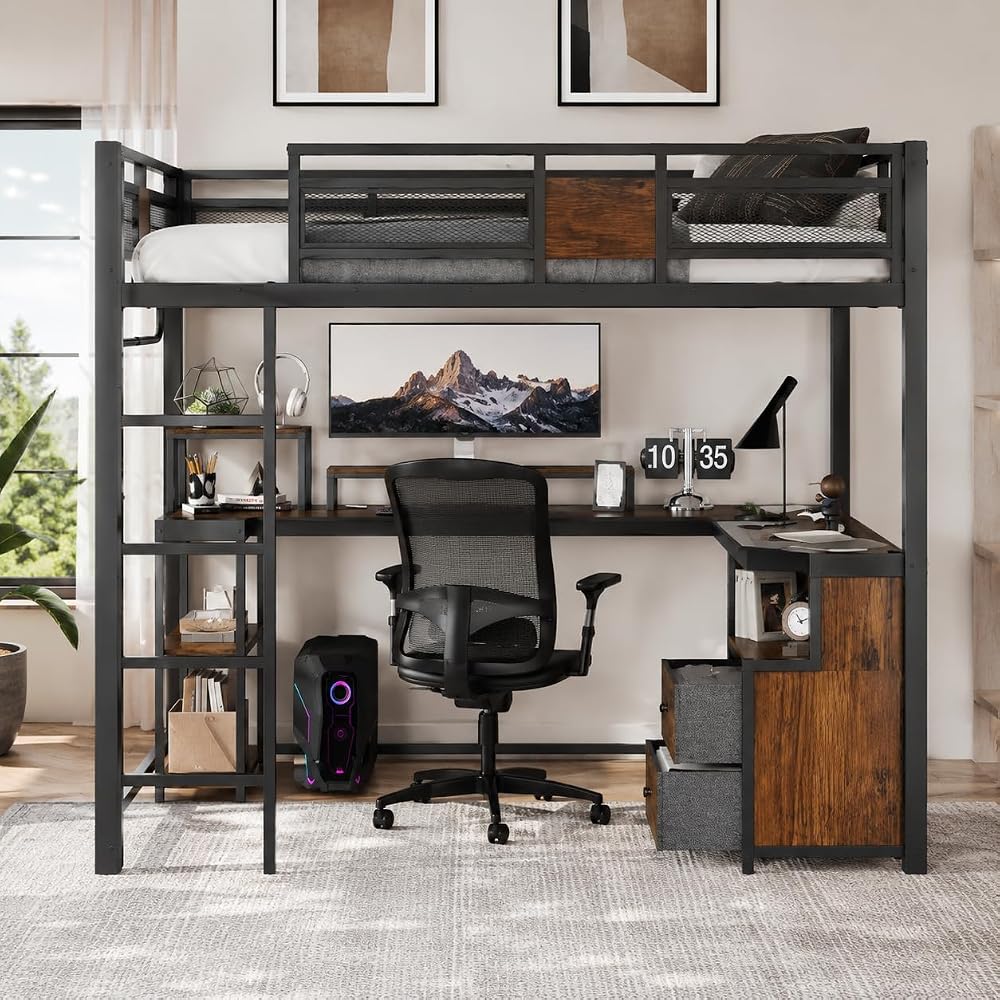 Queen Loft Bed With Desk And Storage Drawers Space Saving Metal Bed Frame