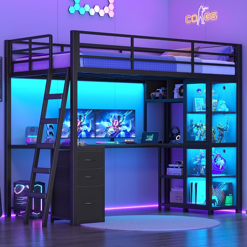 Gaming Loft Bed Twin Size with U Shape Desk, Display Cabinet,Black