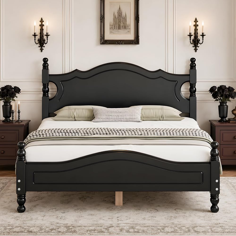 Full Size Black Wood Bed Frame with Vintage Headboard, Gothic Style Wooden Platform Full Bed with Wood Slat Support, Retro Black Bed Frame for Bedroom Guest Room, Easy Assembly