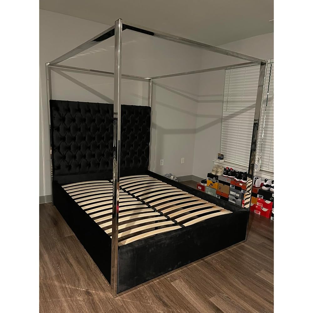 Porter Collection Modern | Contemporary Velvet Upholstered Bed with Deep Detailed Tufting and Chrome Canopy, White, King