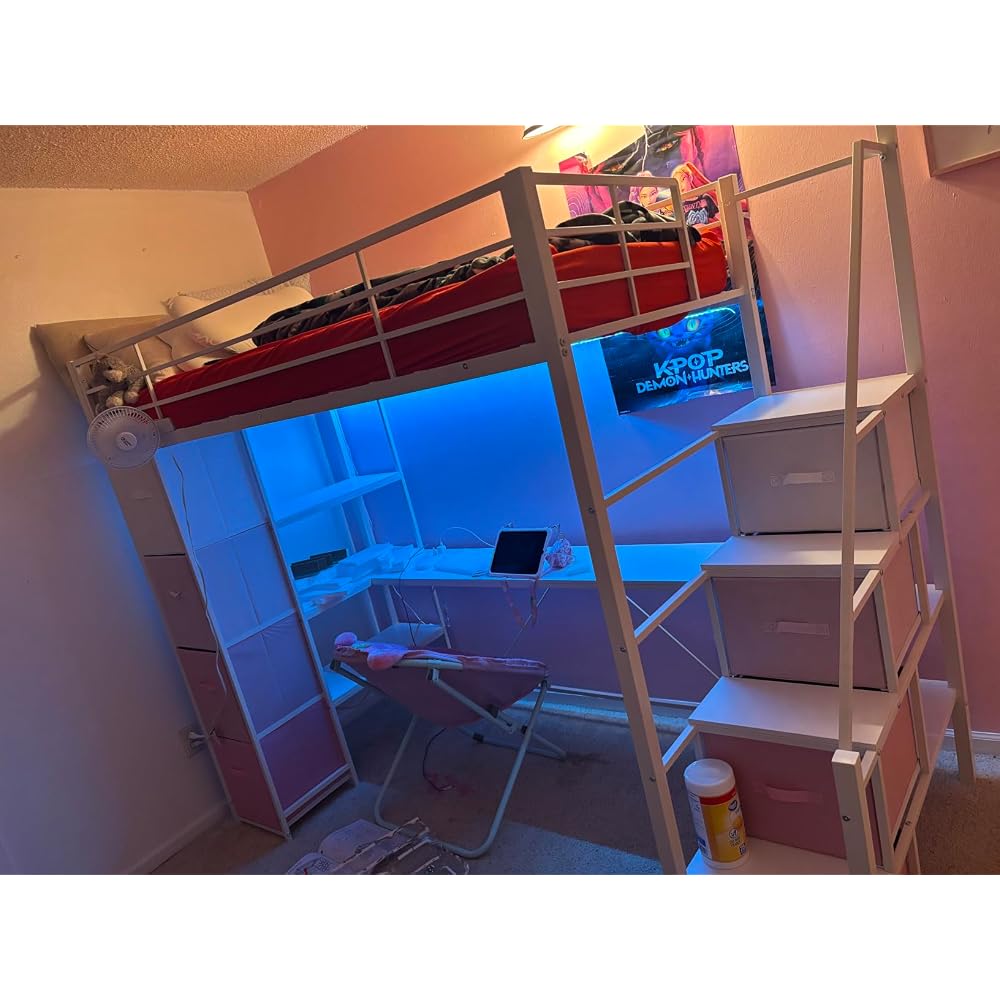 Loft Bed Twin Size with Storage Stairs,Desk and Power Strips,Metal Twin Loft Bed with LED Lights,8 Storage Drawers &Open Shelves,Loft Beds for Kids,Teens,Adults with Safety Guardrail,White+Pink