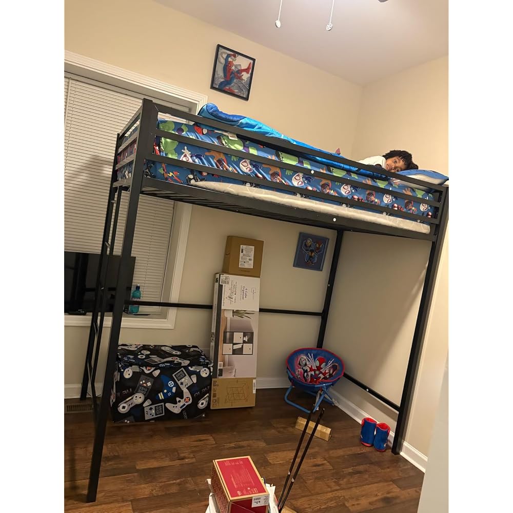 Loft Bed Twin Size with Ladder and Guardrail,Black