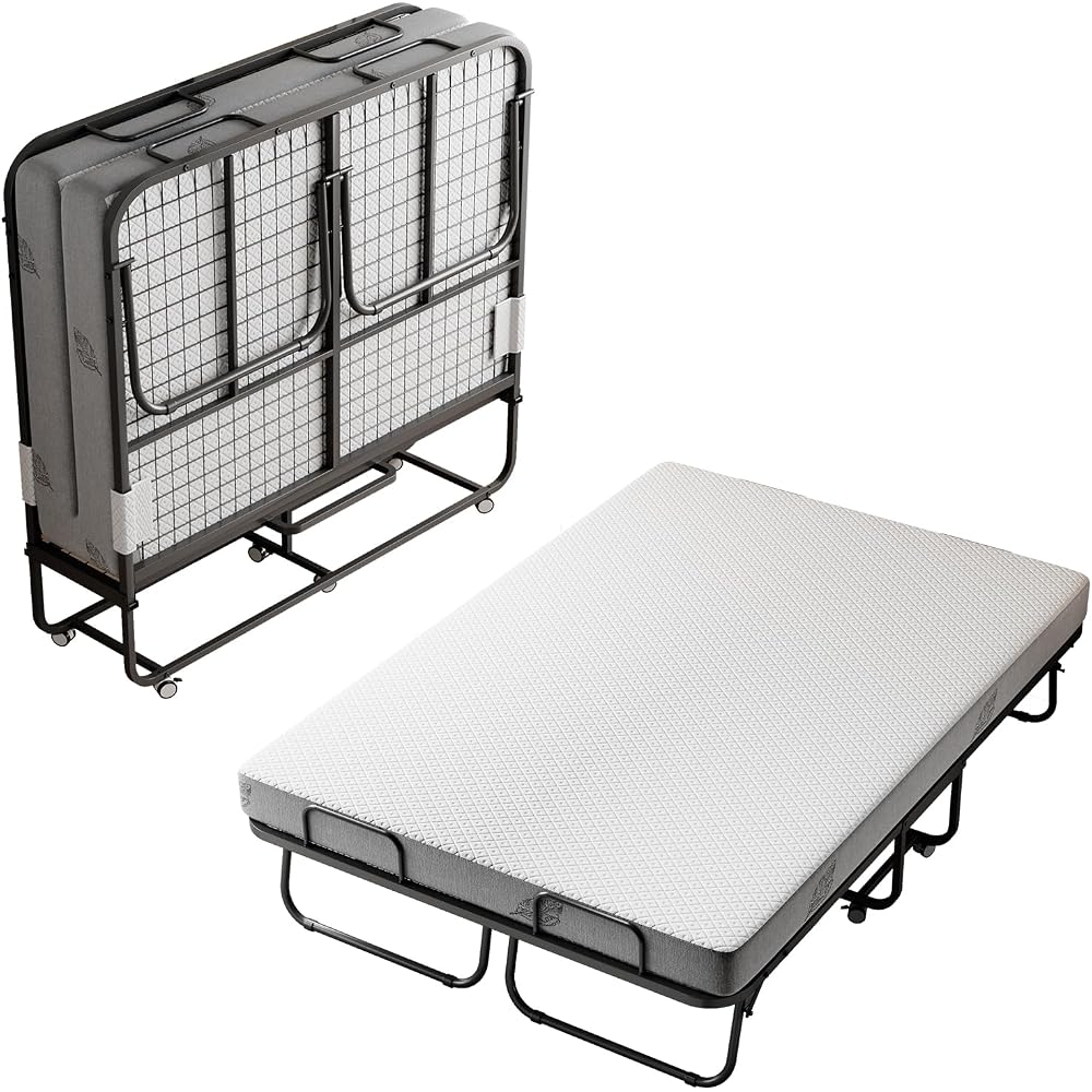Folding Bed with 5" Memory Mattress, 75"×54" Full Size Double Portable Bed for Adults, Roll Away Foldable Beds on Wheels for Guest,Hideaway,Save Space
