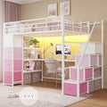 Loft Bed Twin Size with Storage Stairs,Desk and Power Strips,Metal Twin Loft Bed with LED Lights,8 Storage Drawers &Open Shelves,Loft Beds for Kids,Teens,Adults with Safety Guardrail,White+Pink
