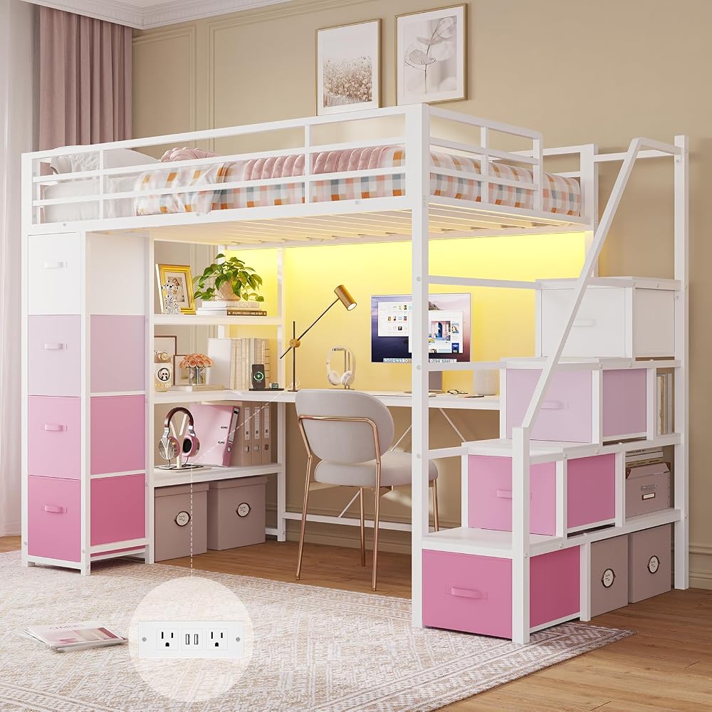 Loft Bed Twin Size with Storage Stairs,Desk and Power Strips,Metal Twin Loft Bed with LED Lights,8 Storage Drawers &Open Shelves,Loft Beds for Kids,Teens,Adults with Safety Guardrail,White+Pink