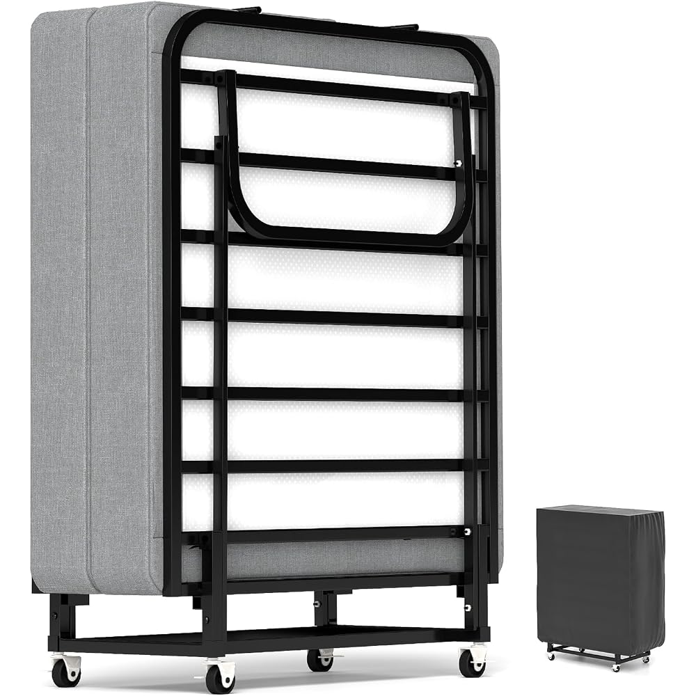 Folding Bed, Portable Foldable Roll Away Bed on Wheels, 75" x 31"