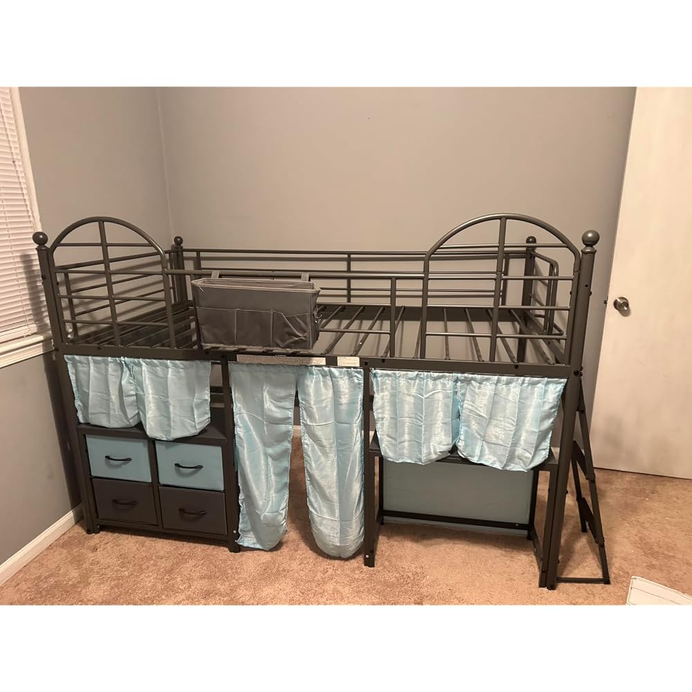 Twin Low Loft Bed with Desk & 4 Storage Drawers, Smart LED Lights, White